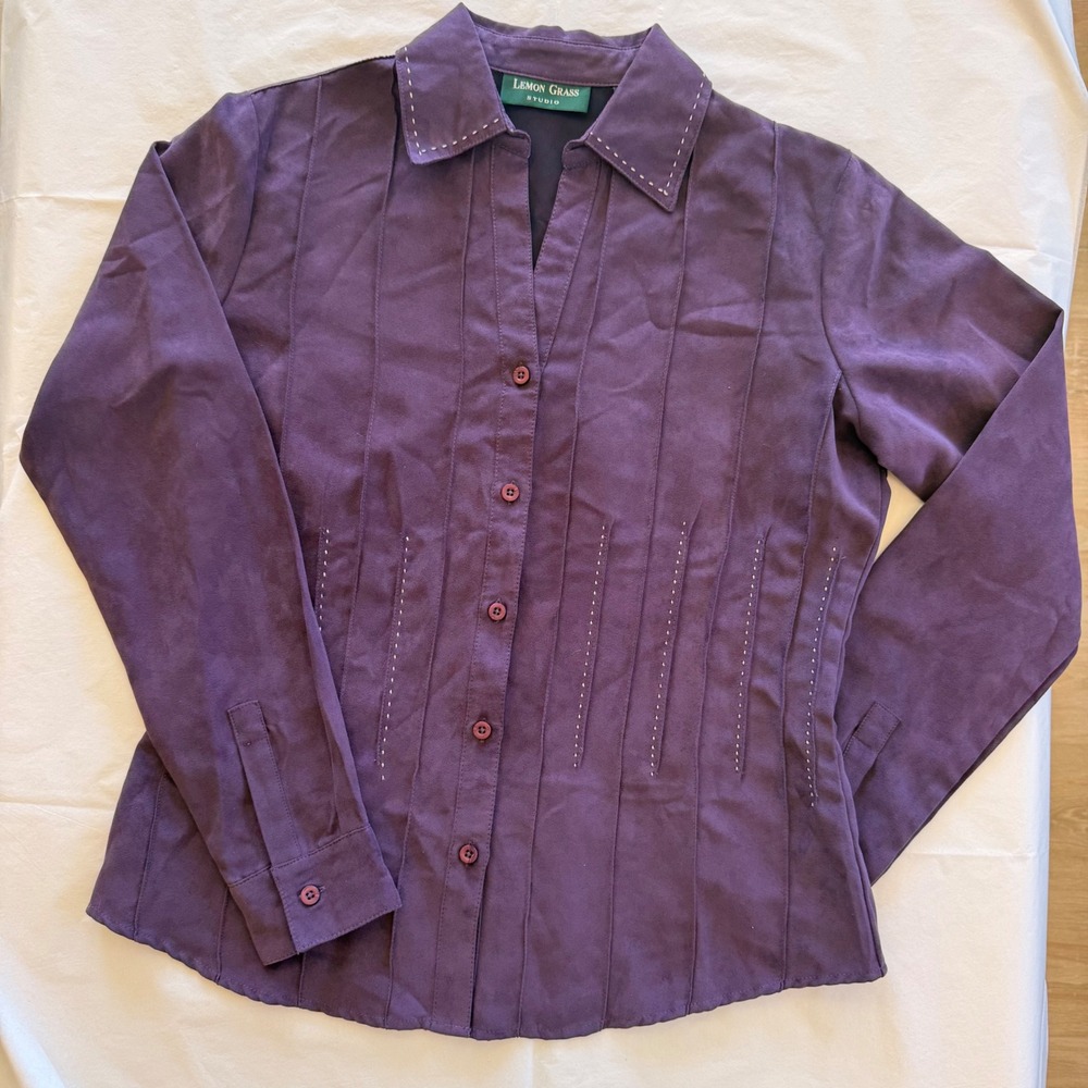 Lemon Grass Studio Button Down Women S Purple Excellent Faux Suede Pintuck Top